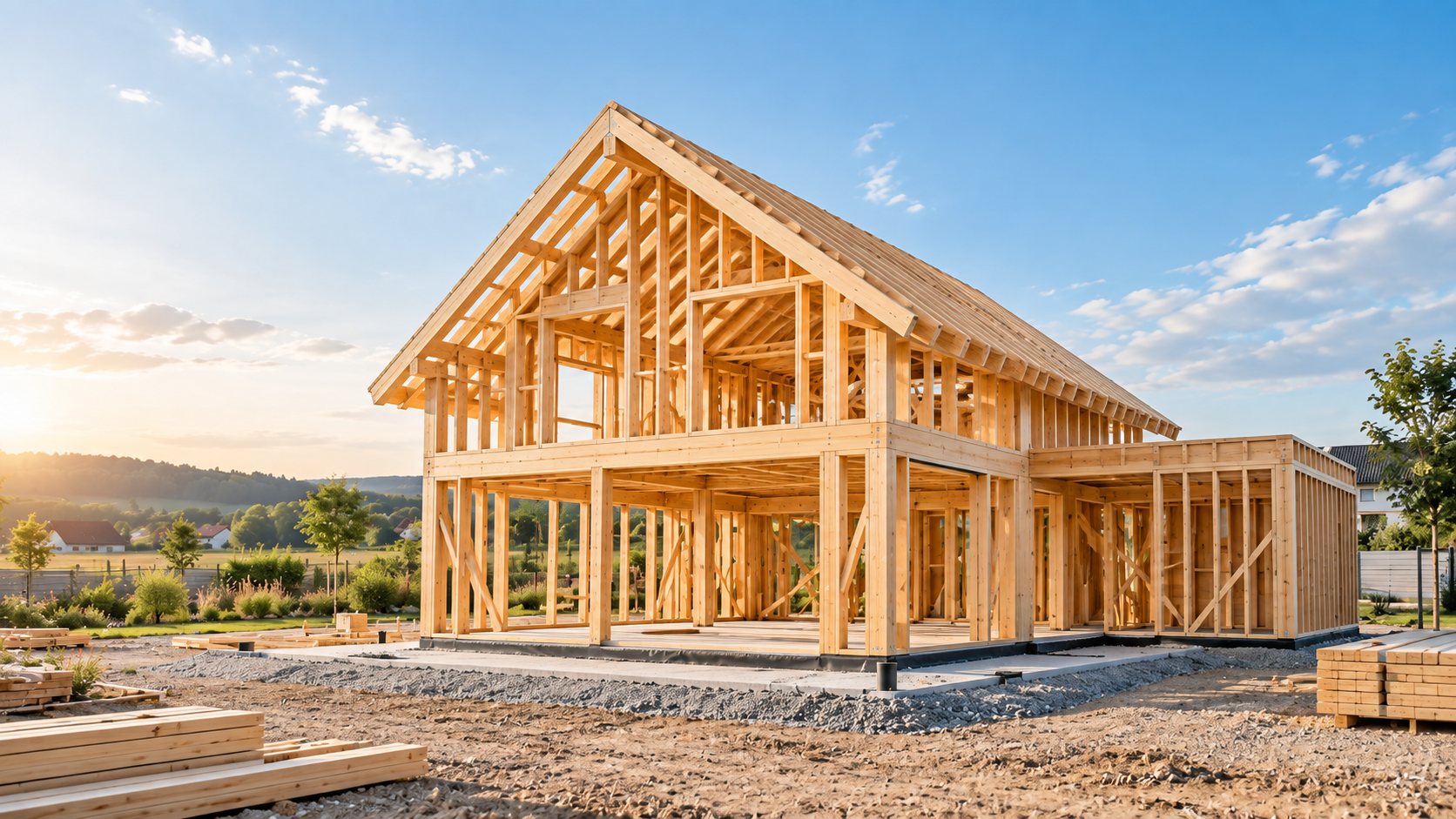 Haus im Holzrahmenbau auf der Baustelle