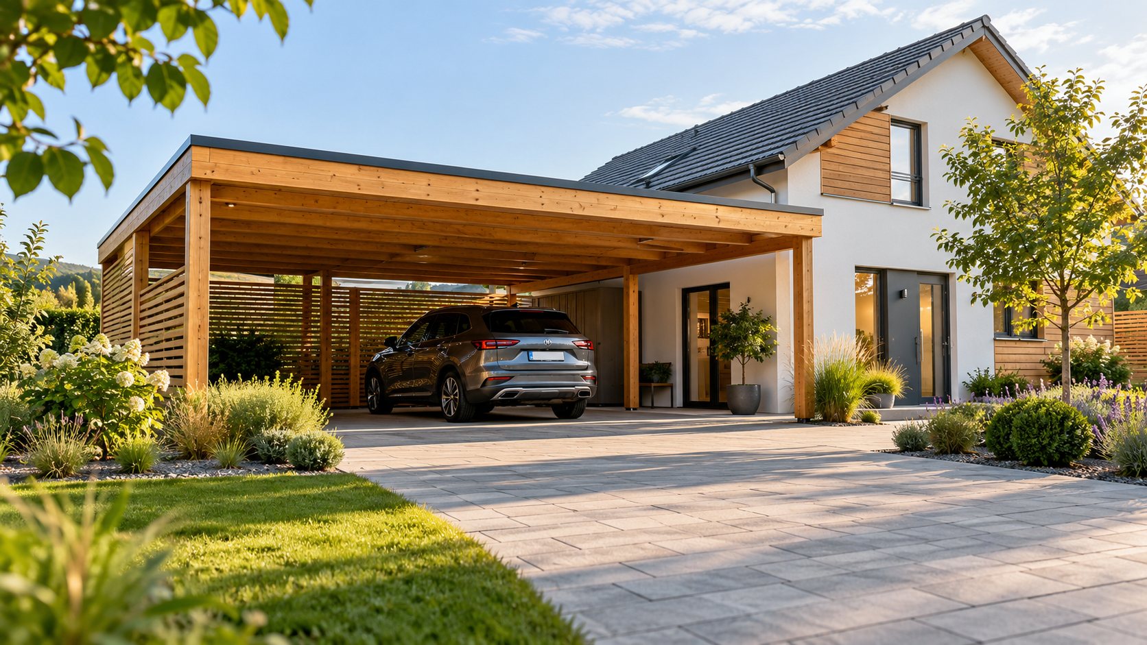 Carport aus Holz an einem Wohnhaus